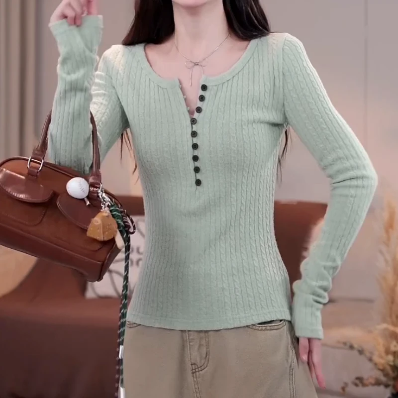 2025新款秋冬麻花编织纽扣修身百搭针织衫LK2507968