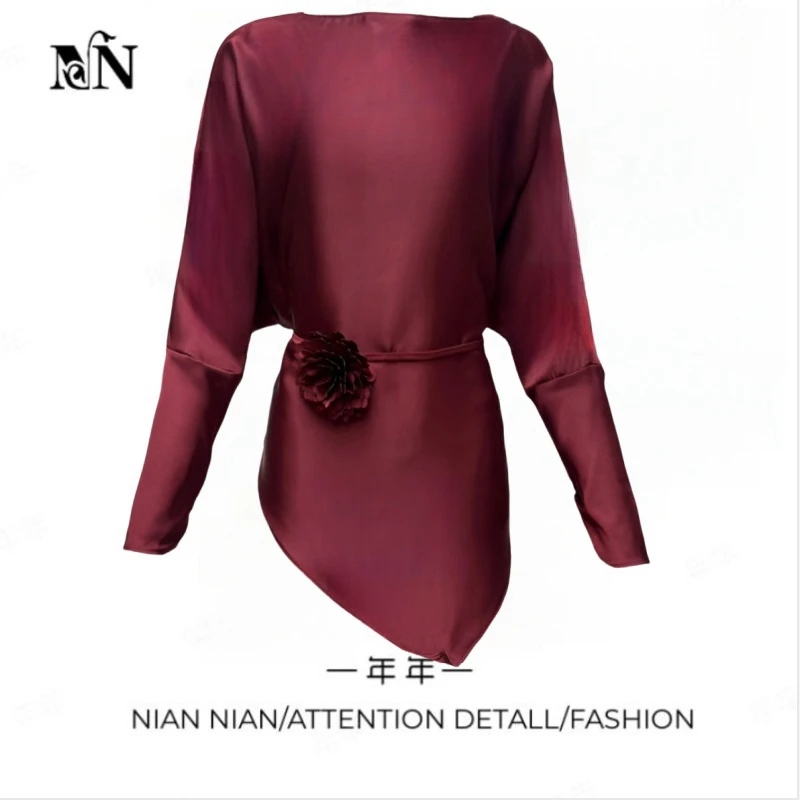 〖时髦聚光灯〗年年2025春季新款垂感缎面衬时尚绑带不规则上衣女