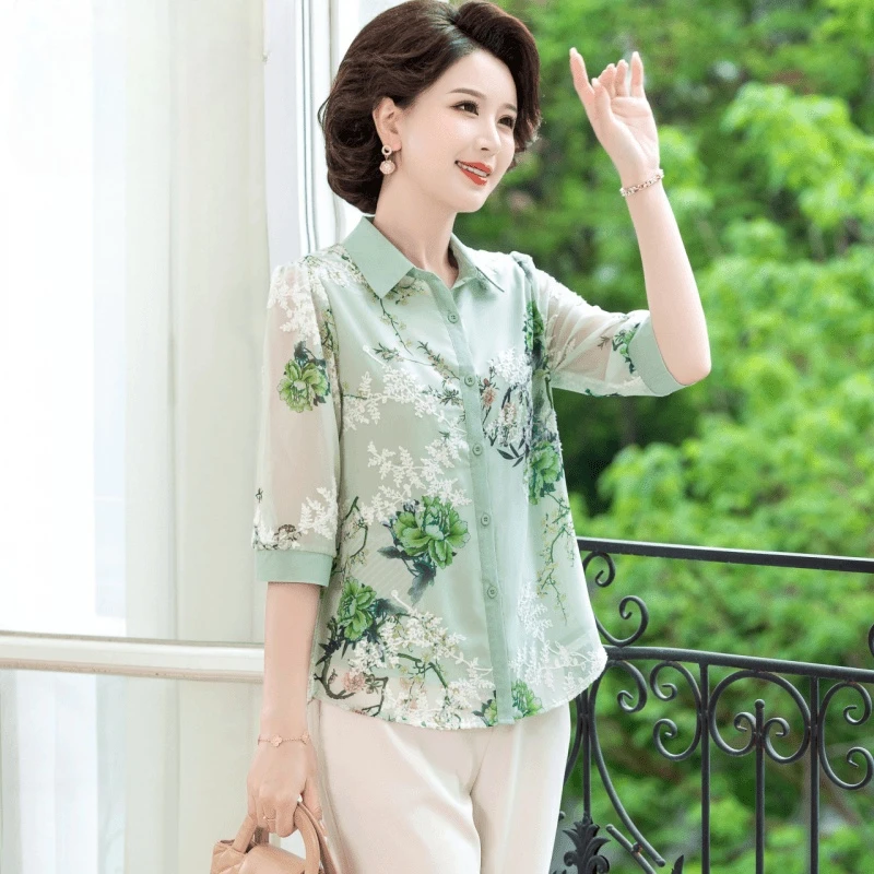 罗蒙新款洋气妈妈装衬衫中老年女雪纺小衫上衣夏季新中式国风套装