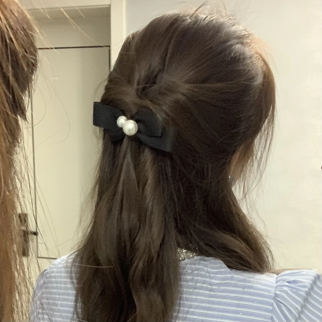 秋冬气质复古珍珠法式蝴蝶结弹簧夹简约时尚后脑勺盘发侧夹发饰
