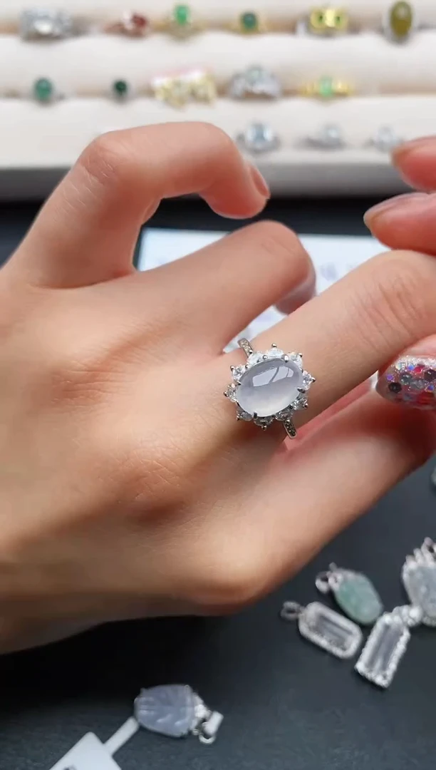 银S925镶嵌戒指翡翠缅甸天然A货翡翠33  6-9