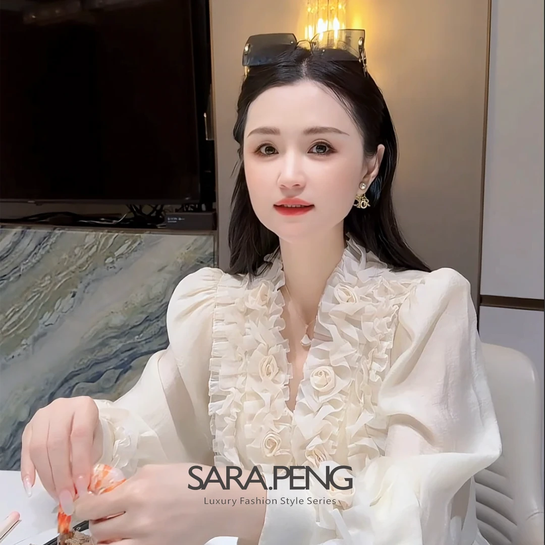 S.PENG花团锦簇/法式灯笼袖V领木耳领褶皱压花气质百搭洋气上衣