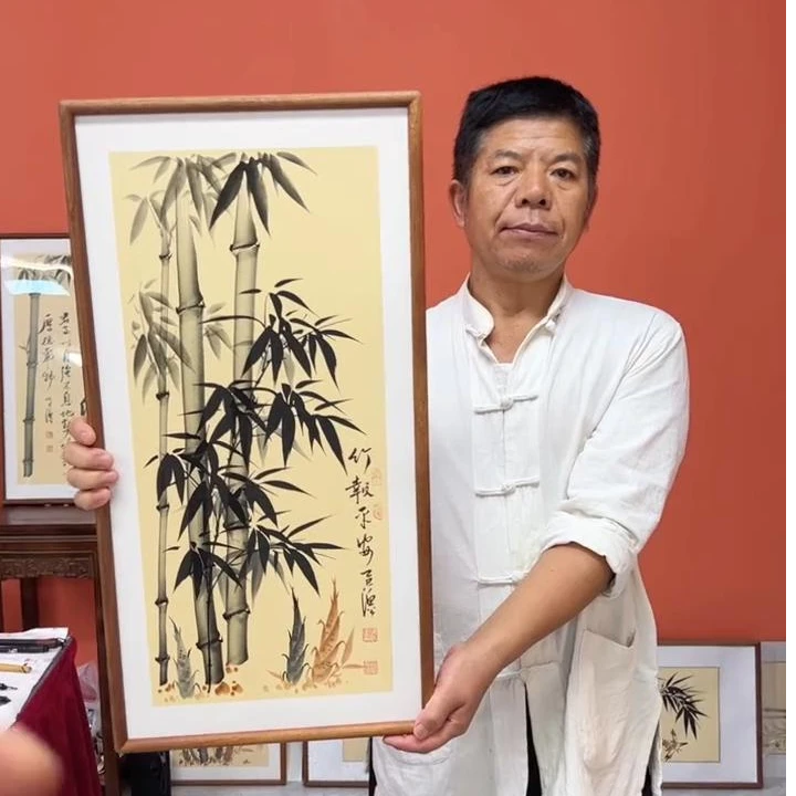 张富民手绘作品/竹报平安（乌檀木实木框）（竖版）/36*69厘米左右
