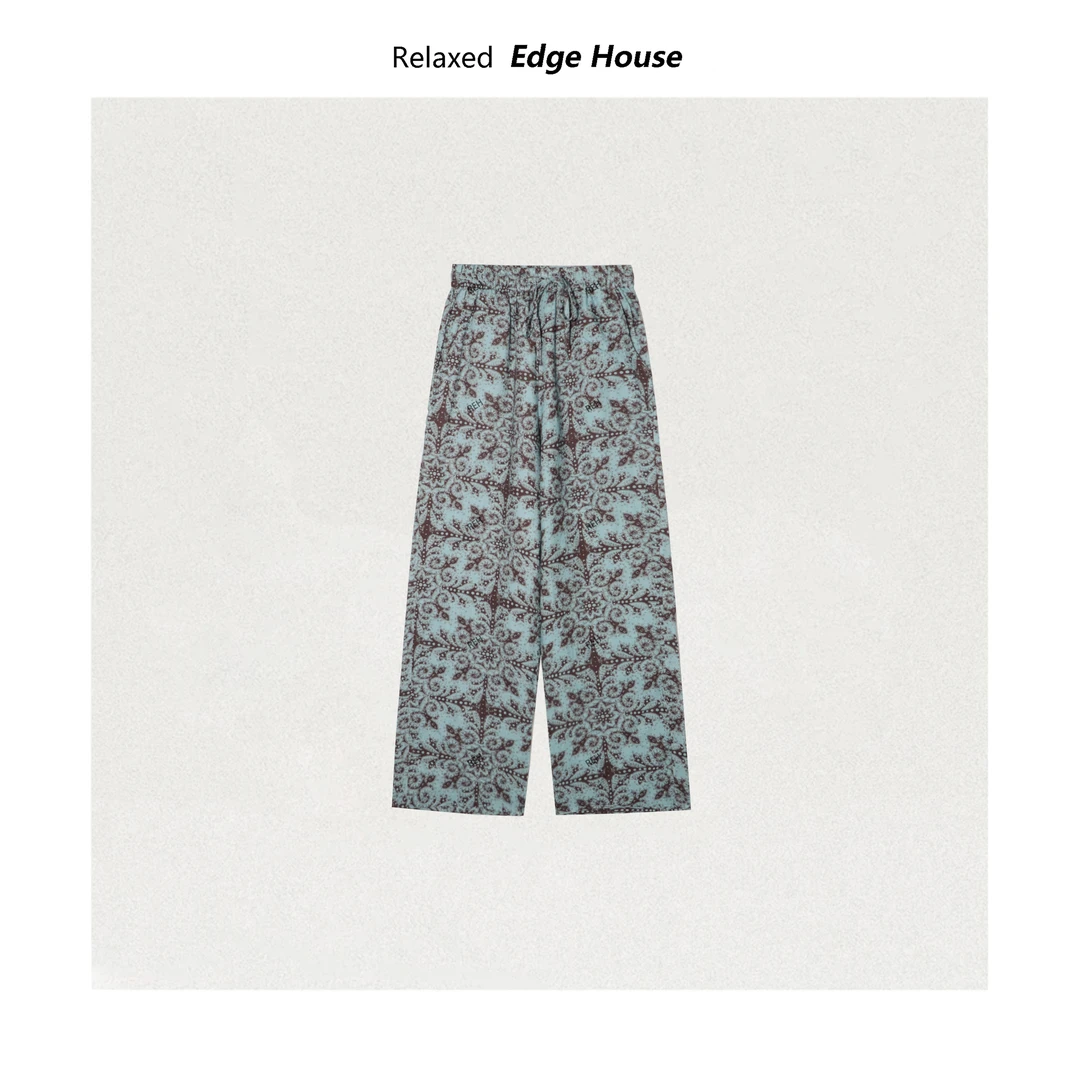 【呵呵家】亚麻图腾  100亚麻图腾松紧腰提花阔腿裤经典老钱风