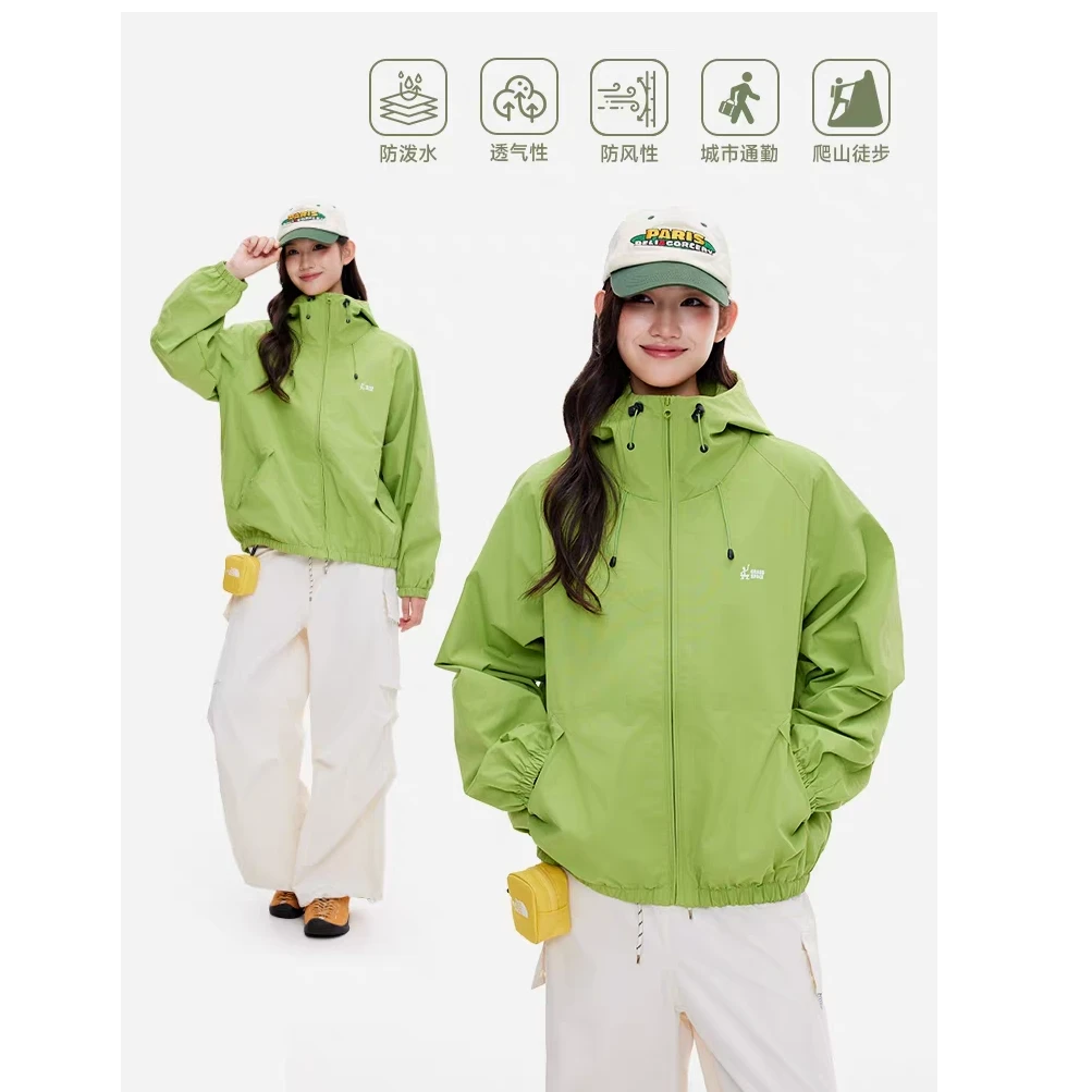 原嘢涳间GRASS SPCAE 户外防水连帽冲锋衣女春秋宽松休闲外套夹克
