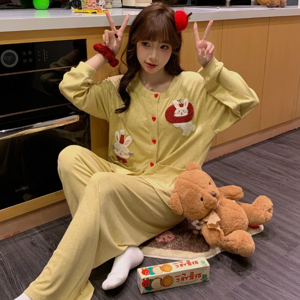 2025年新款睡衣女春秋季长袖薄款卡通休闲简约韩版宽松家居服套装
