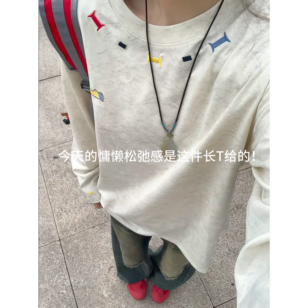 砂洗做旧刺绣重磅长袖t恤男秋季潮牌美式小领口衣服宽松重磅体恤