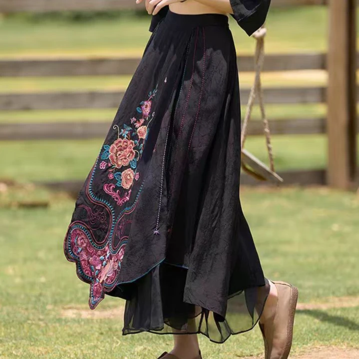 中式女装夏季显瘦气质半身裙女松紧腰百搭中长款宽松复古A字裙