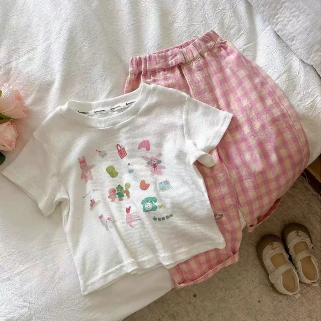 2025夏季新款女童卡通短袖T桖可爱印花百搭卡通印花短袖套装洋气