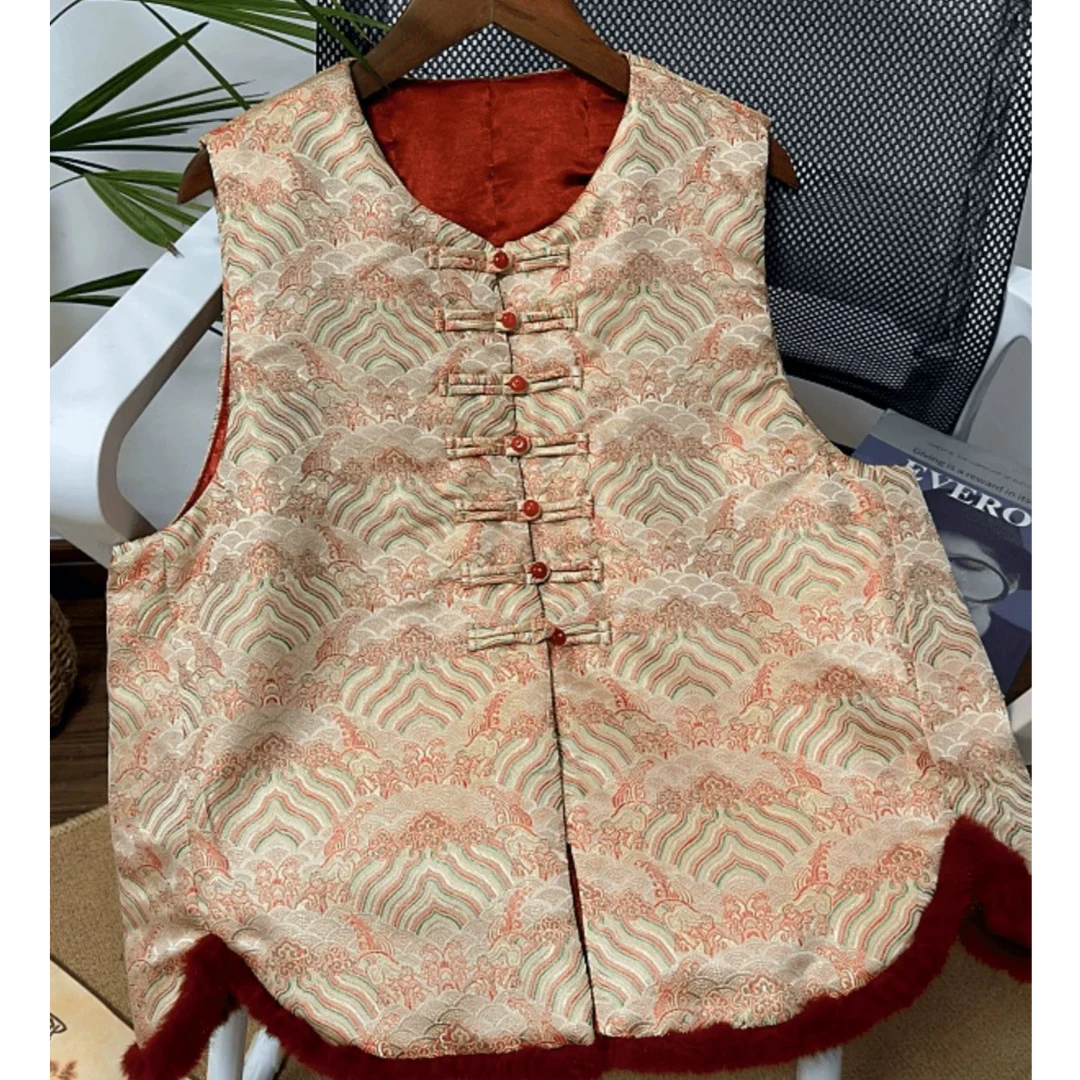 【今岁】新中式国风仿水貂毛拼接盘扣新年秋冬穿搭马甲马夹中国风