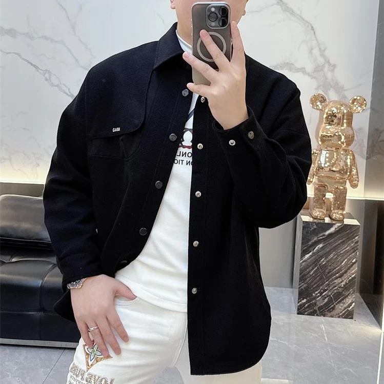 新款2025冬季潮牌简约个性夹克男时尚修身纽扣翻领加厚休闲外套男