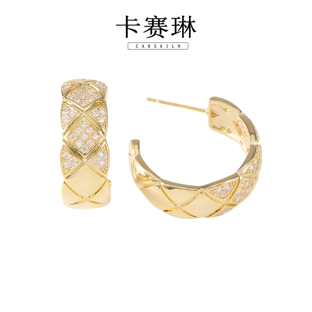 卡赛琳carsailn/ 镀K金 925银针 时尚轻奢菱格金色耳钉 2668