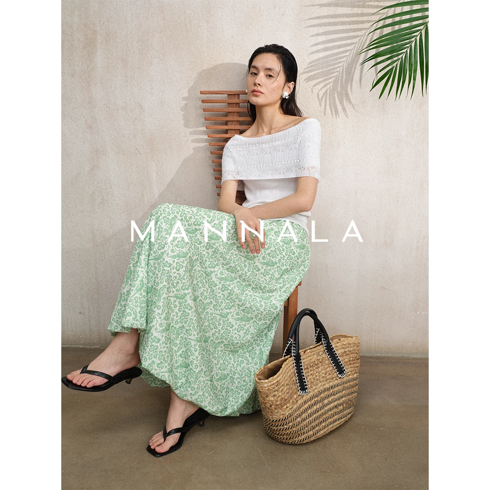 MANNALA丨“雀衔花”进口棉捏褶松紧腰碎花花卉A摆半身裙 Q9304