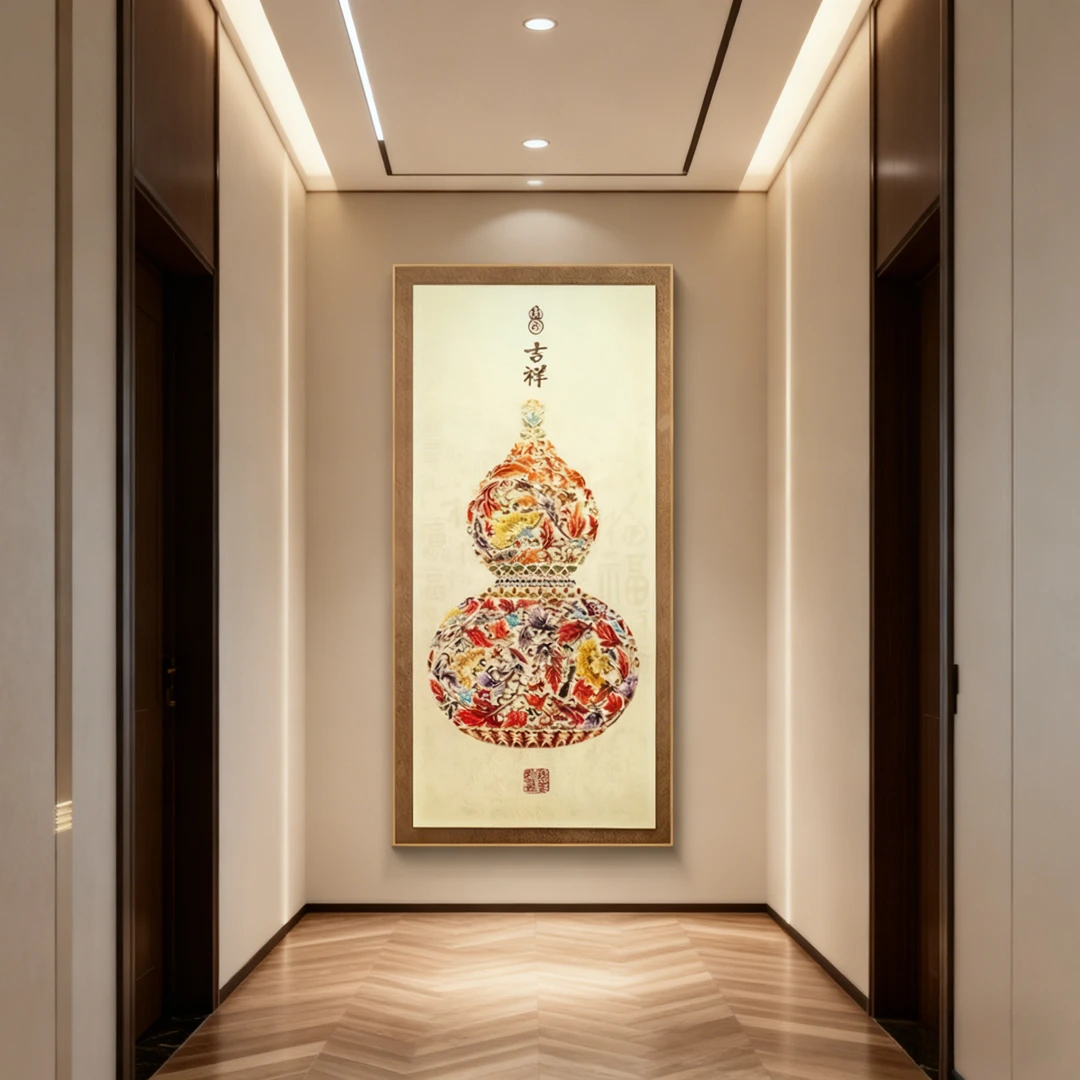 入户玄关装饰画竖版中式葫芦福禄抽象正对门走廊过道挂画16080