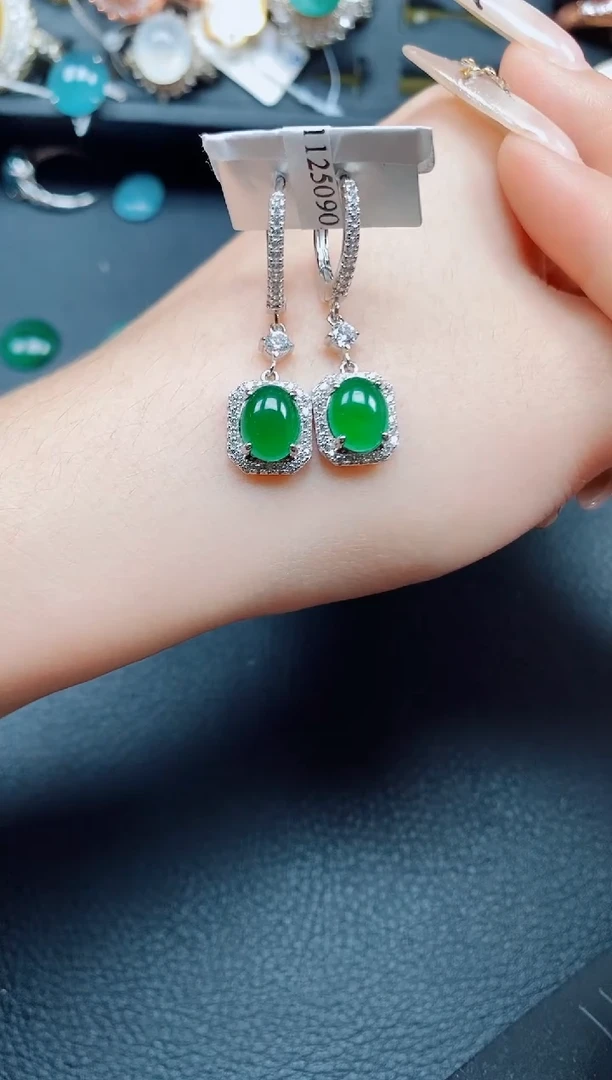 银S925镶嵌翡翠耳饰生**光翡翠