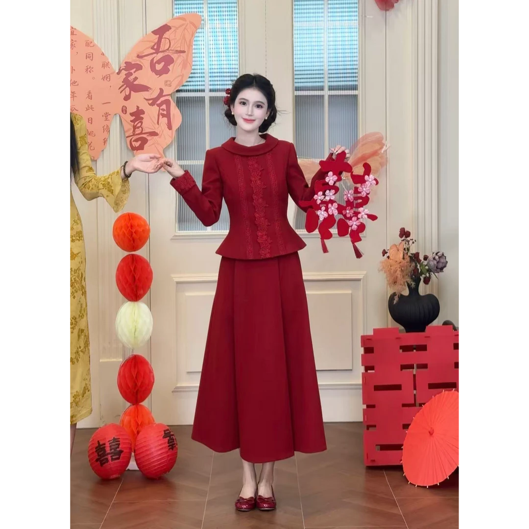 LiLi李李家【朱砂】法式高级感宫廷风订婚红色外套半裙套装XMZH9803