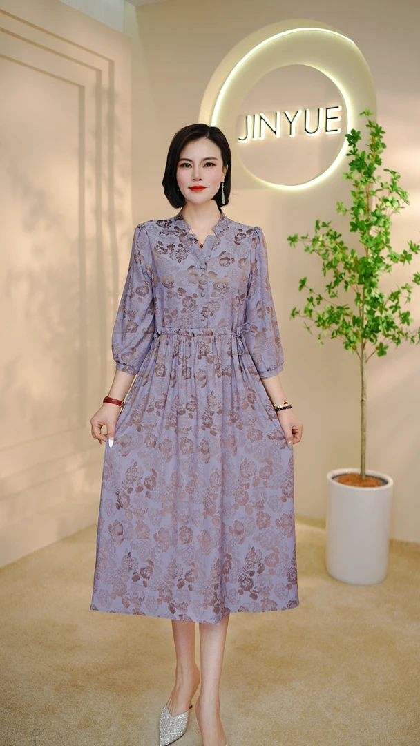 【遇见妳】5729新款小立领紫罗兰花气质收腰显瘦时尚女装连衣裙