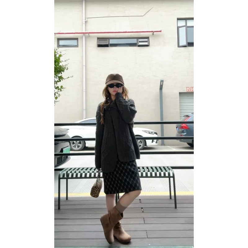 MARIE.COCO韩系新款高级灰针织开衫外套气质格纹半身裙秋冬时尚装