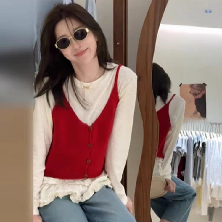 韩系V领针织马甲吊带背心女2025春季设计感叠穿