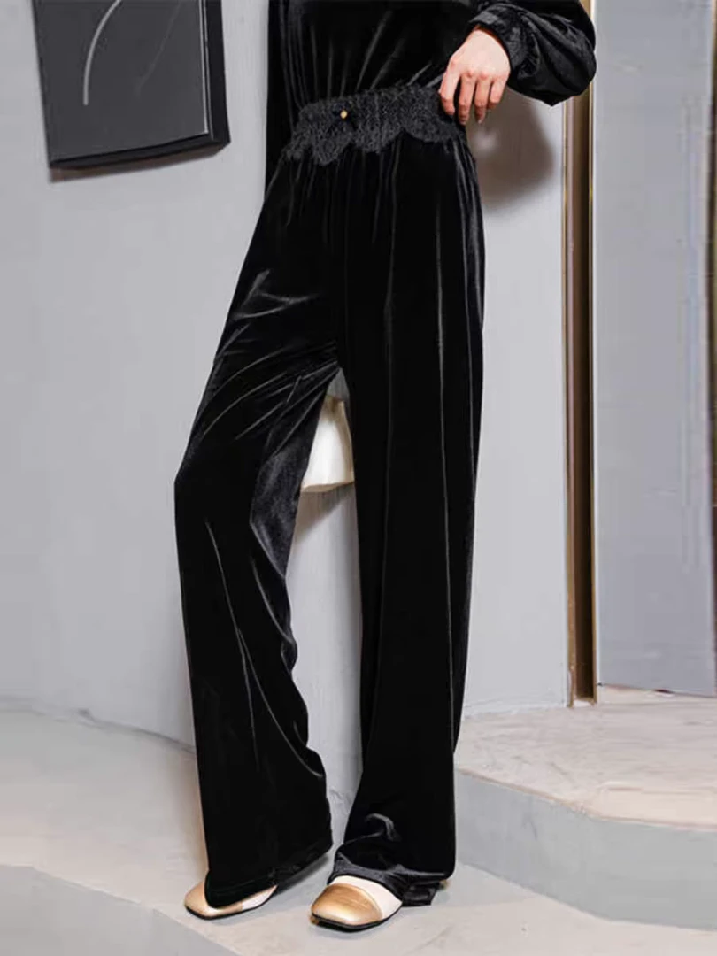 城城家[欧货定制蕾丝腰设计直筒丝绒裤]杰508