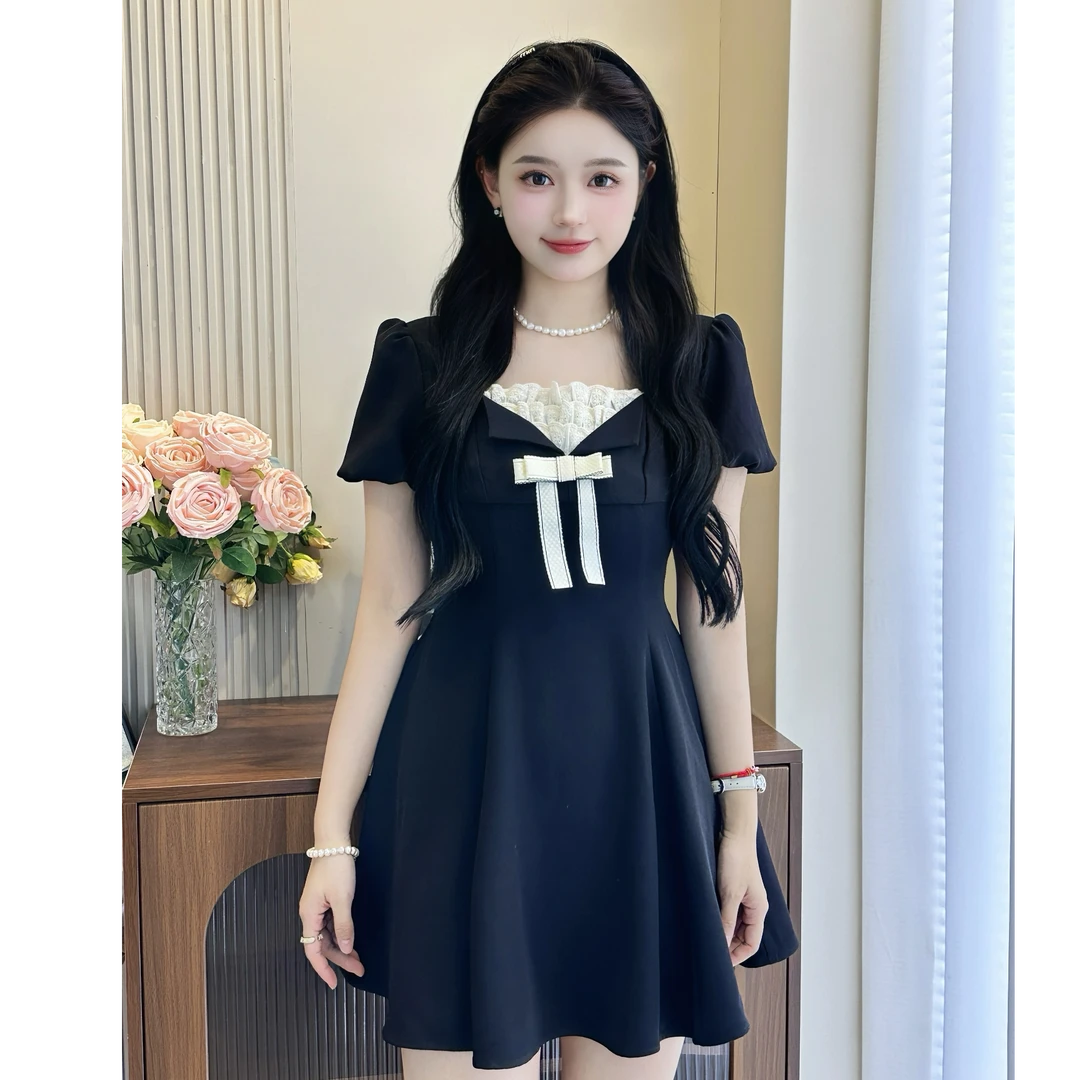 面面mu系富家千金感赫本风黑色连衣裙夏季蝴蝶结连衣裙WP显瘦9935