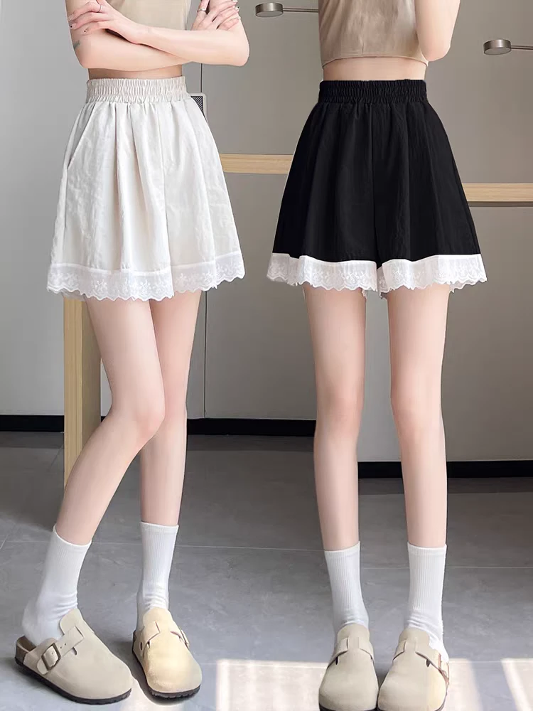 肌理感冰丝短裤女夏季设计感蕾丝拼接宽松大码阔腿裤松紧腰直筒裤