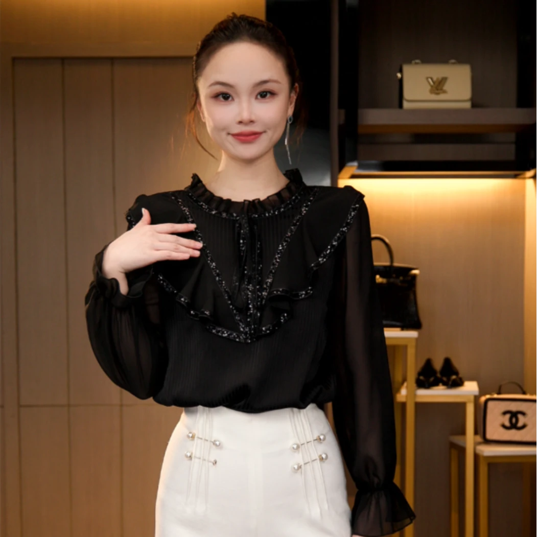 L4Q2729 法式复古长袖显瘦气质琉璃双绉丝T恤上衣