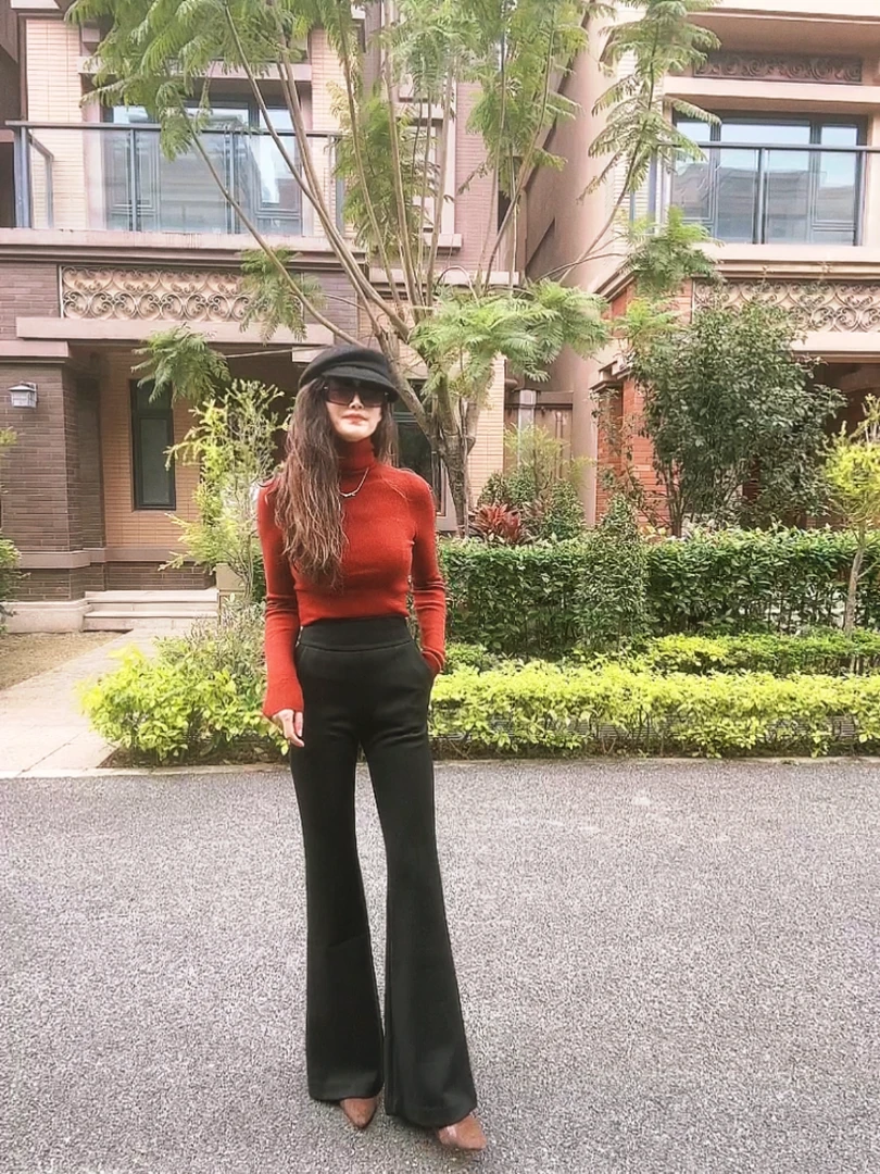 清库深圳设计师品牌精仿羊毛手感超高腰册拉链大脚喇叭裤1682