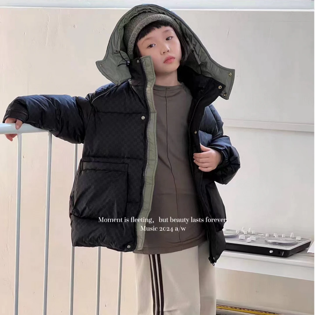 【haobaby】2024撞色边暗格纹连帽羽绒服7002