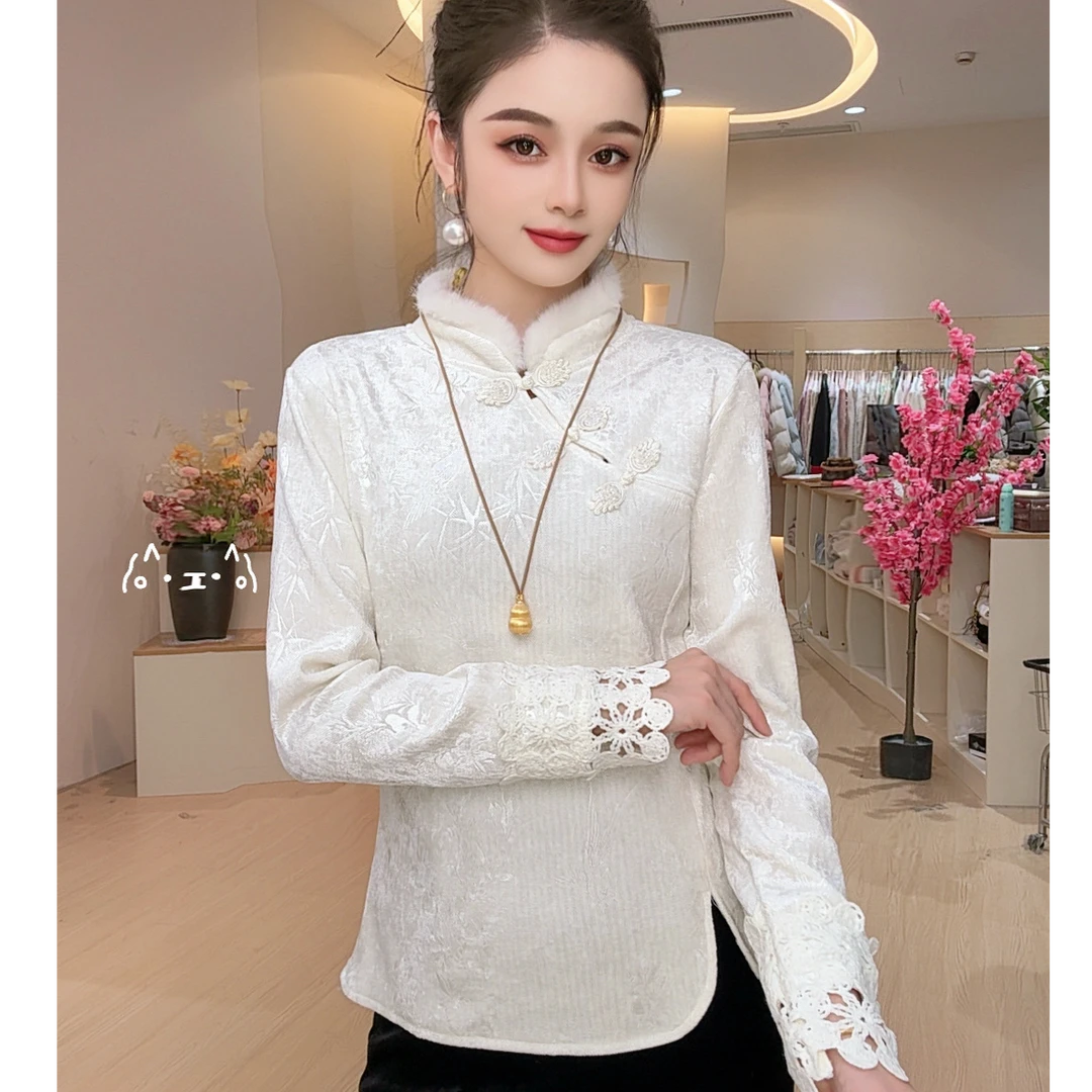 女装长袖斜襟网红提花厚款拼接上衣常规款蕾丝加厚