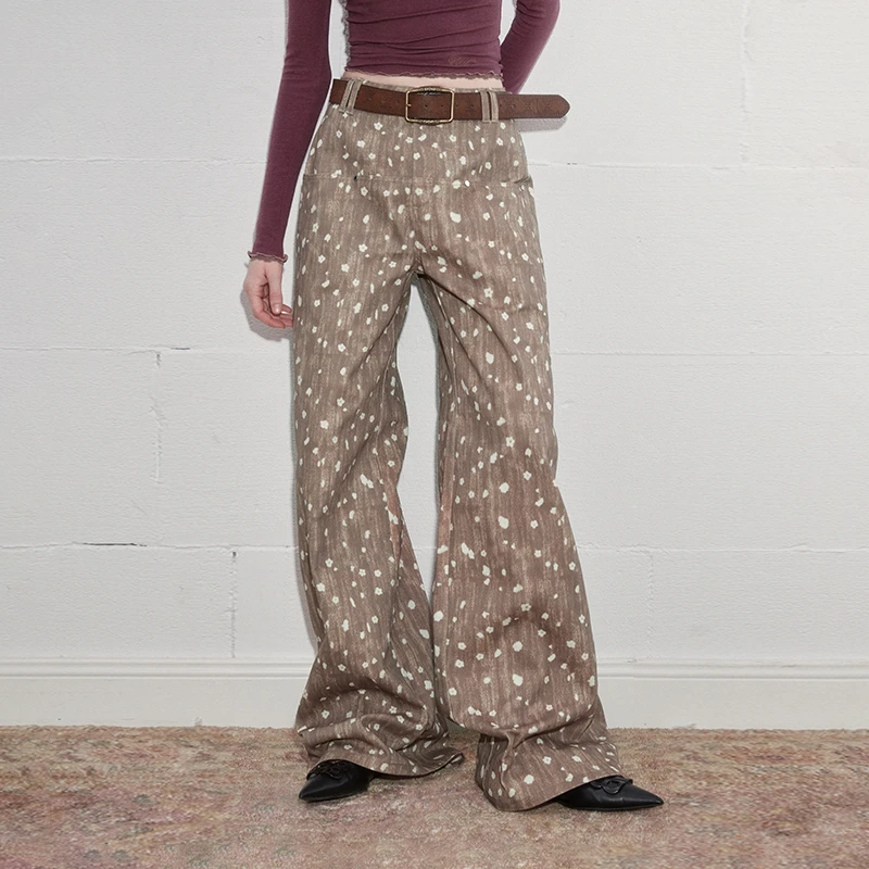 wooha 吾哈2025新款宽松直筒复古印花休闲裤女