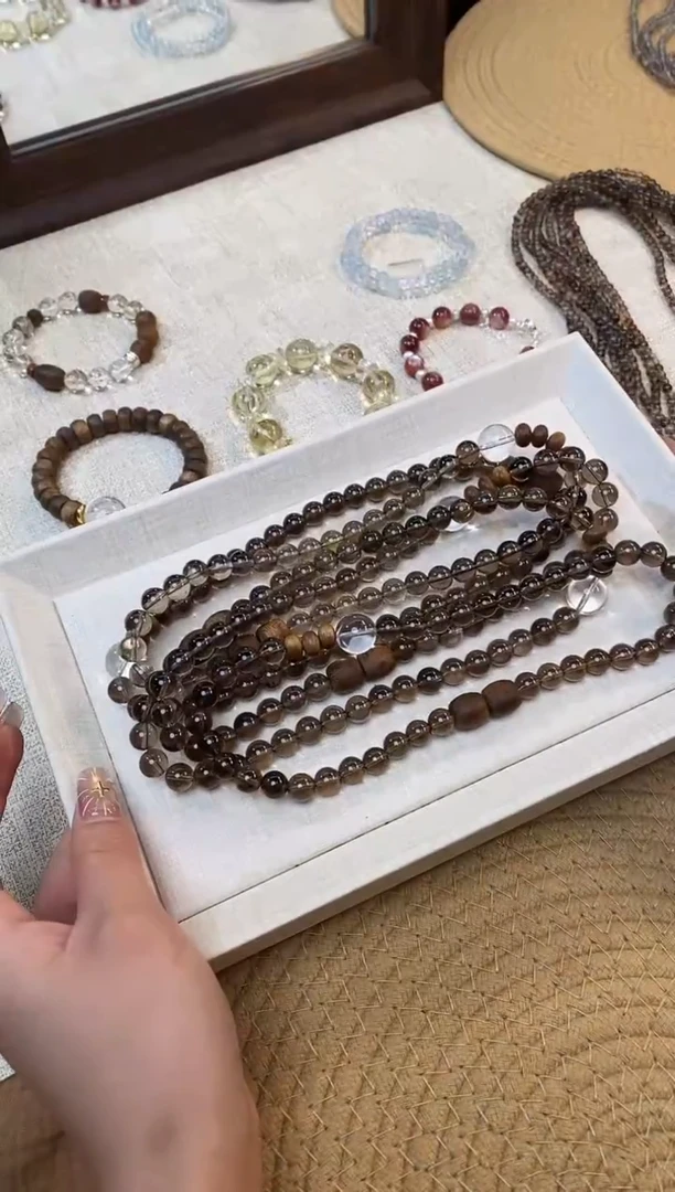 合金手链水晶《梧桐》茶晶奇楠沉香白水设计双圈8.5-9mm多样性发一