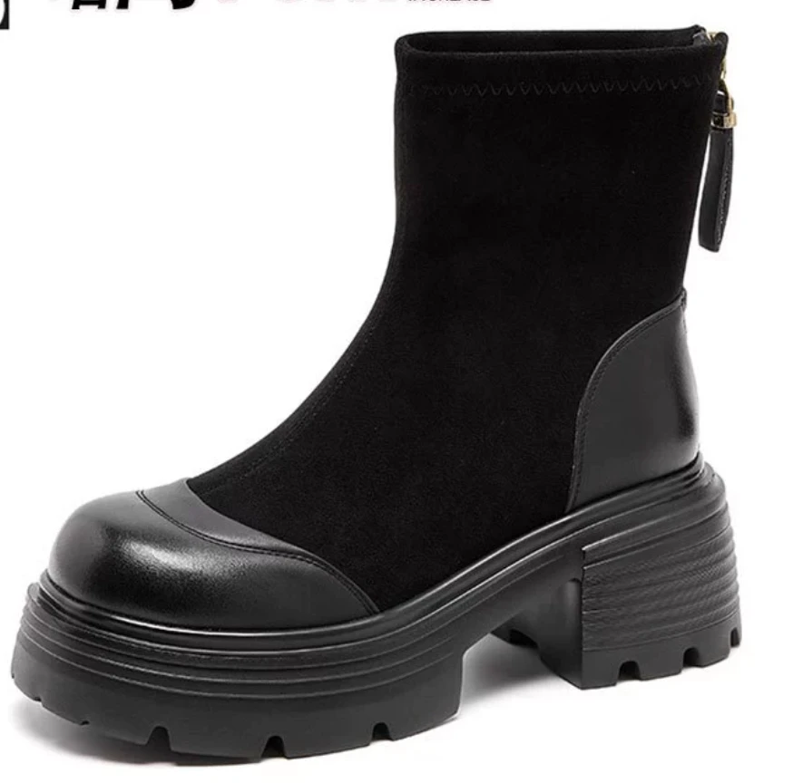 XIEFURN/鞋夫人2025秋冬新款复古马丁靴英伦风小个子厚底粗跟短靴