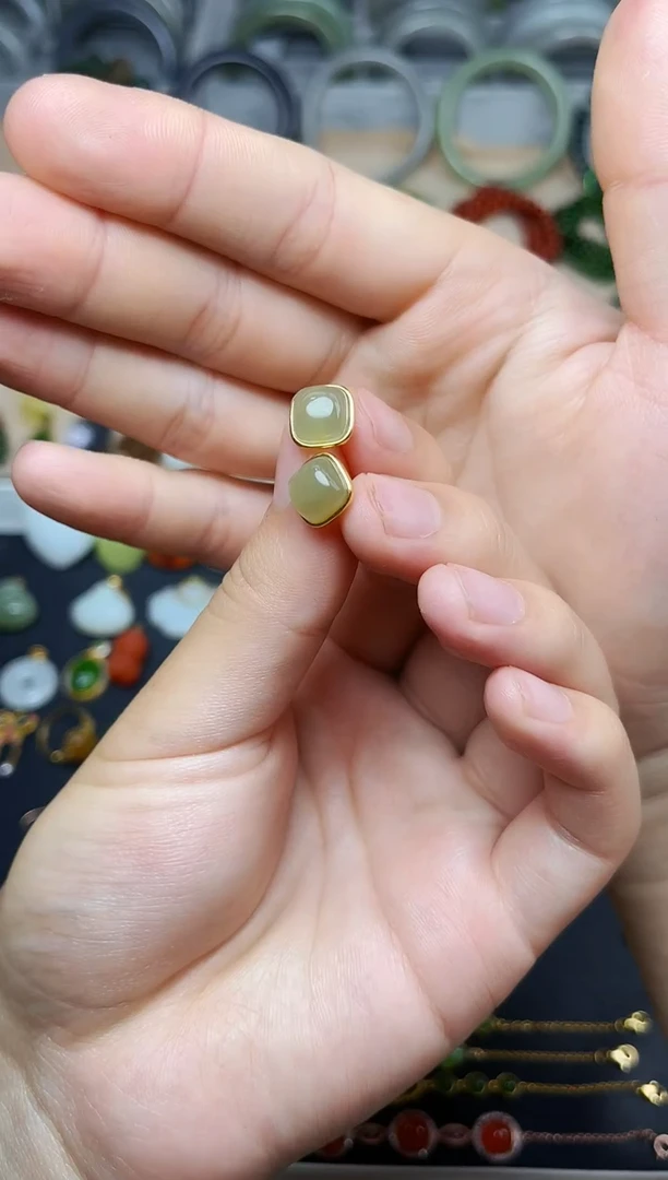 和田玉银S925镶嵌耳饰06方糖