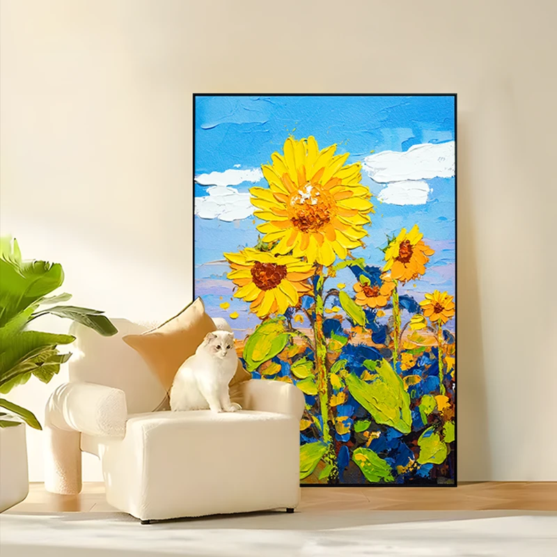 现代简约客厅手工油画玄关装饰画过道走廊客厅壁画向日葵80120