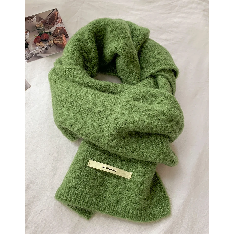 韩版纯色时尚OL保暖百搭麻花围巾绿色针织时尚日系加厚简约慵懒风