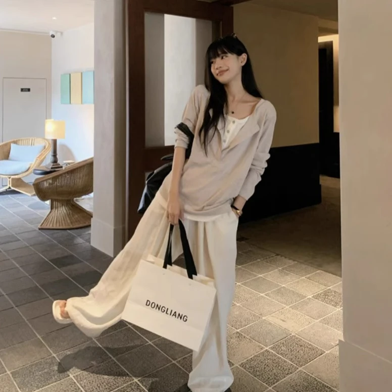 慵懒风半开斜领拼接假两件长袖宽松百搭显瘦T恤衫女韩系高级设计