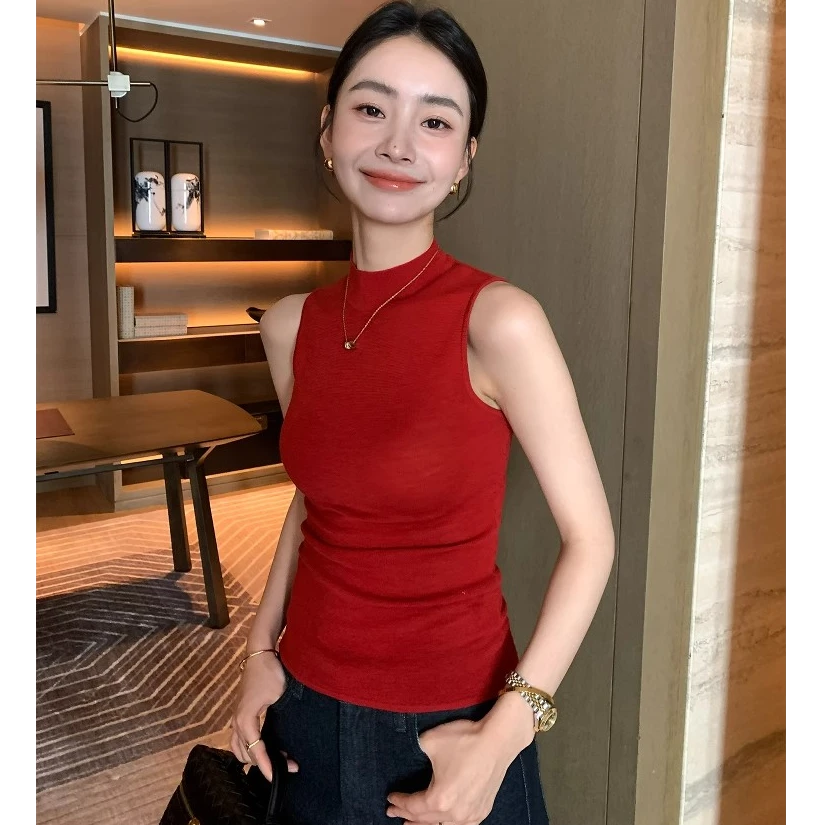 法式修身气质红色半高领冰丝针织背心女夏季高级简约内搭吊带上衣