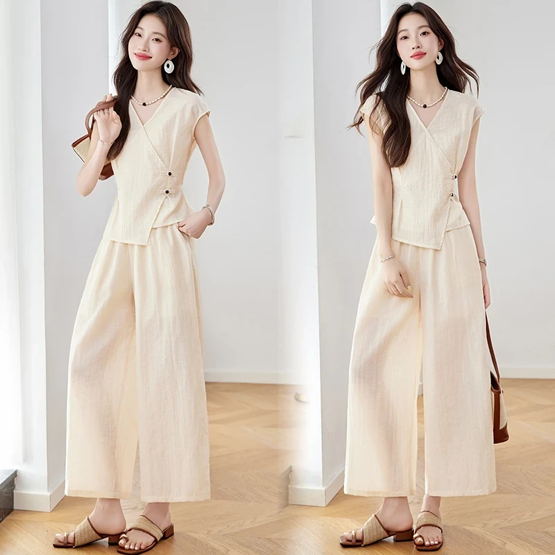 韩系休闲无袖天丝套装女2025夏季新款松弛感洋气小众阔腿裤两件套