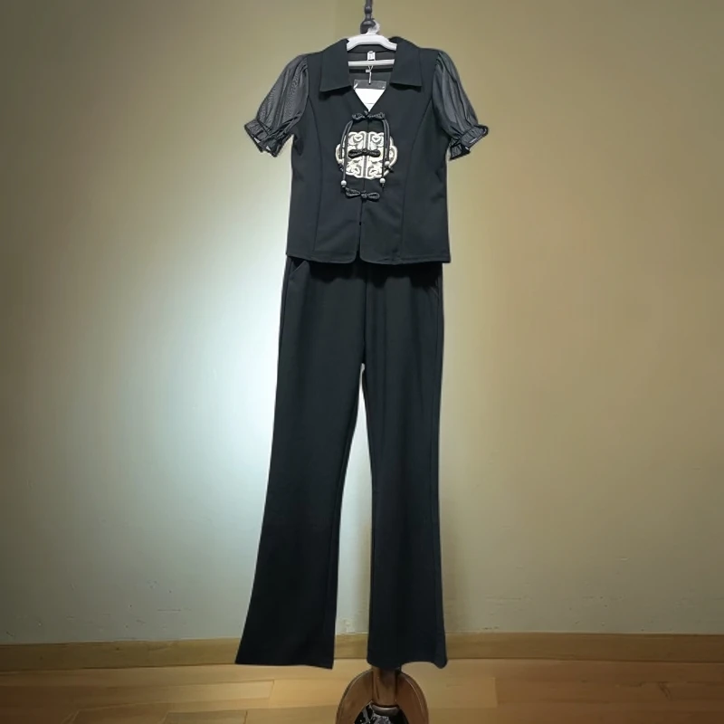 新中式休闲套装 夏季国风刺绣时尚上衣+直筒裤两件套A114