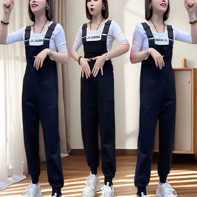 夏季新款韩版时尚休闲背带裤女宽松显瘦减龄连体工装裤九分长裤