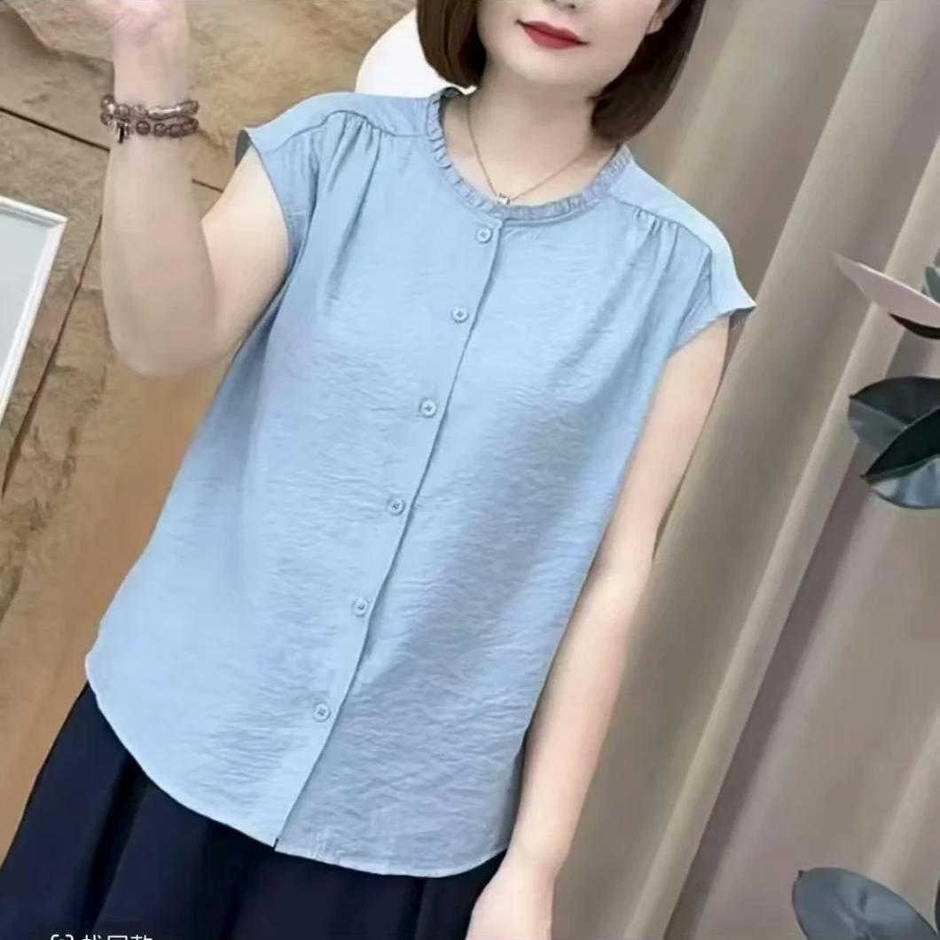 夏季时尚百搭薄款木耳飞飞袖拼接衬衫宽松圆领开衫