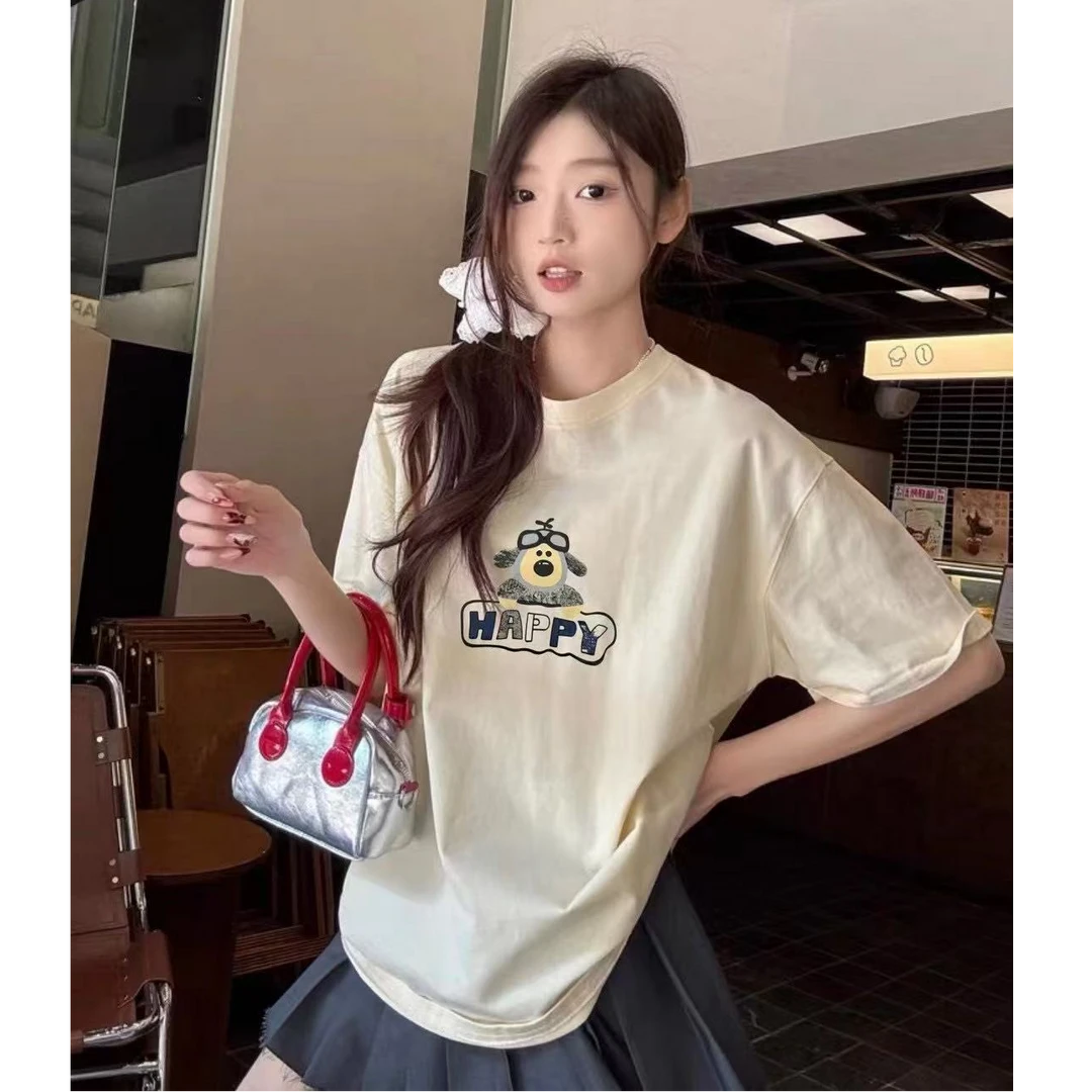 格子推荐~春季新款小狗印花磨毛短袖T恤