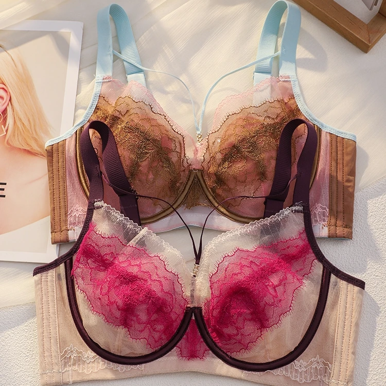 品戴芬性感蕾丝超薄内衣女大胸显小收副乳防下垂调整型软钢圈文胸