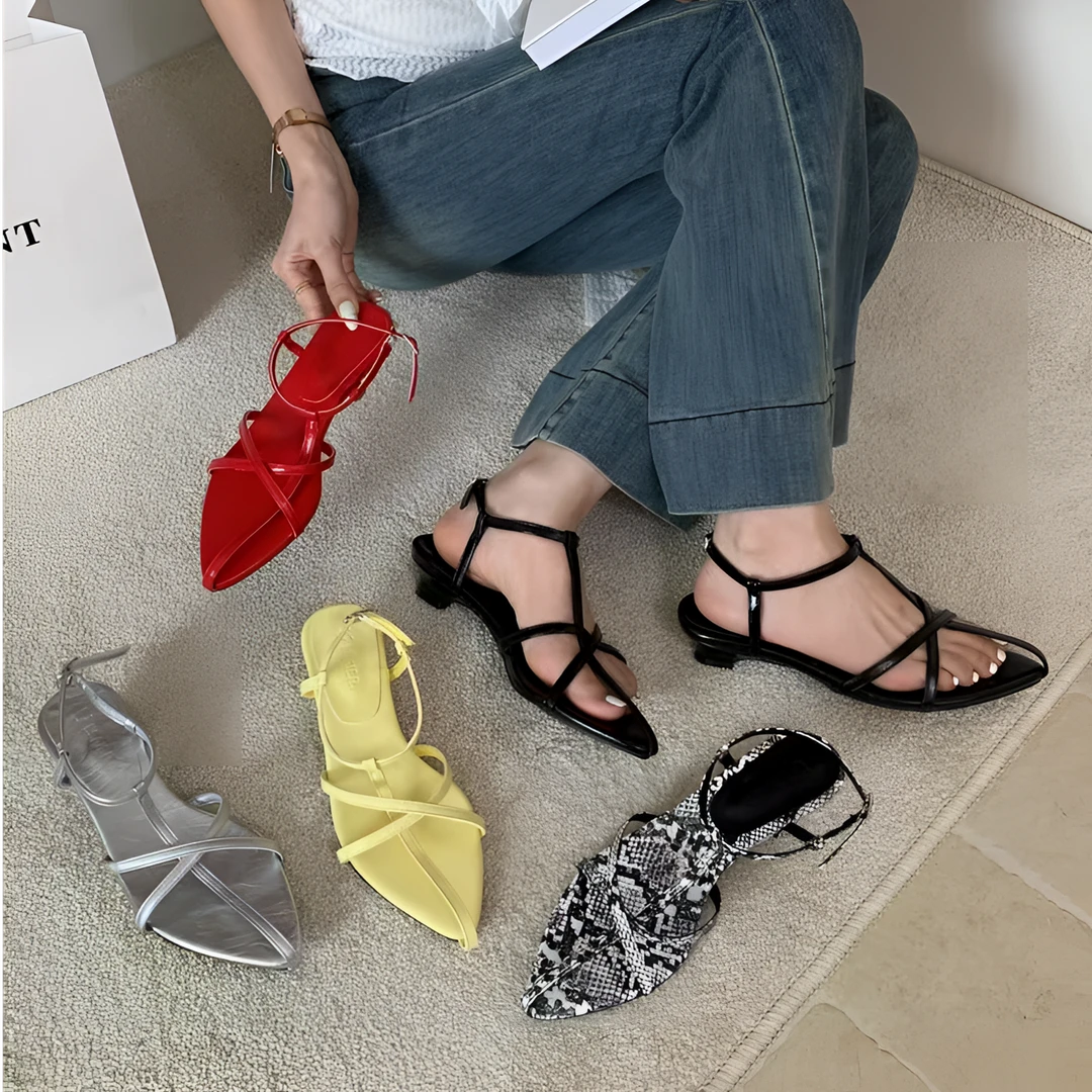 梦梦家 A7-1 尖头法式细带露趾凉鞋2025新款夏季仙女度假粗跟