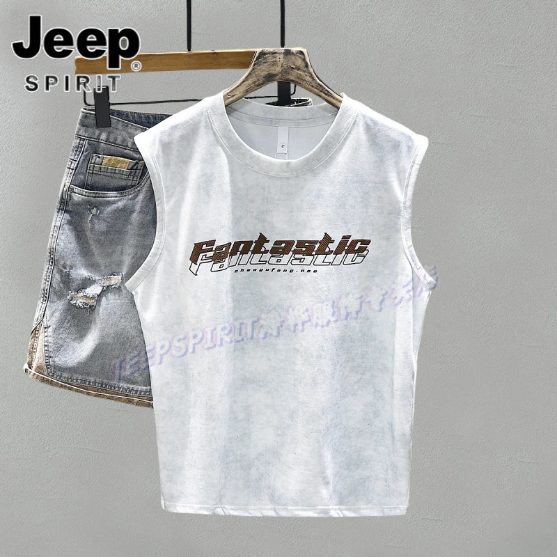 Jeep吉普美式街头运动背心t宽松大码印花坎肩体恤夏季男士无袖T恤