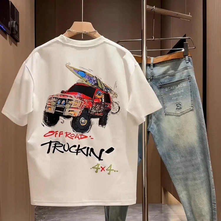 【TQUX港奢男装】流行潮牌休闲短袖时尚个性汽车印花半袖打底衫潮