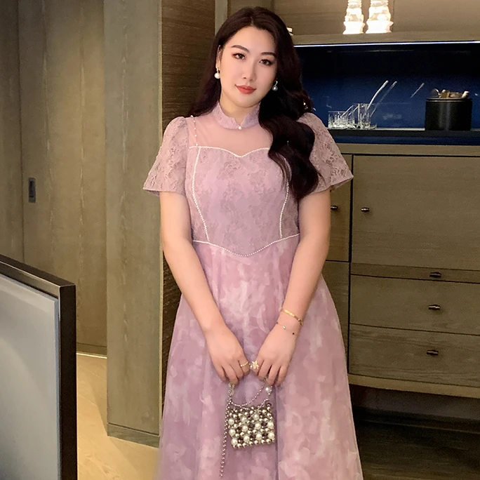 GLEC大码女装高端轻奢2025新款法式时尚梦幻紫罗兰网纱仙女连衣裙