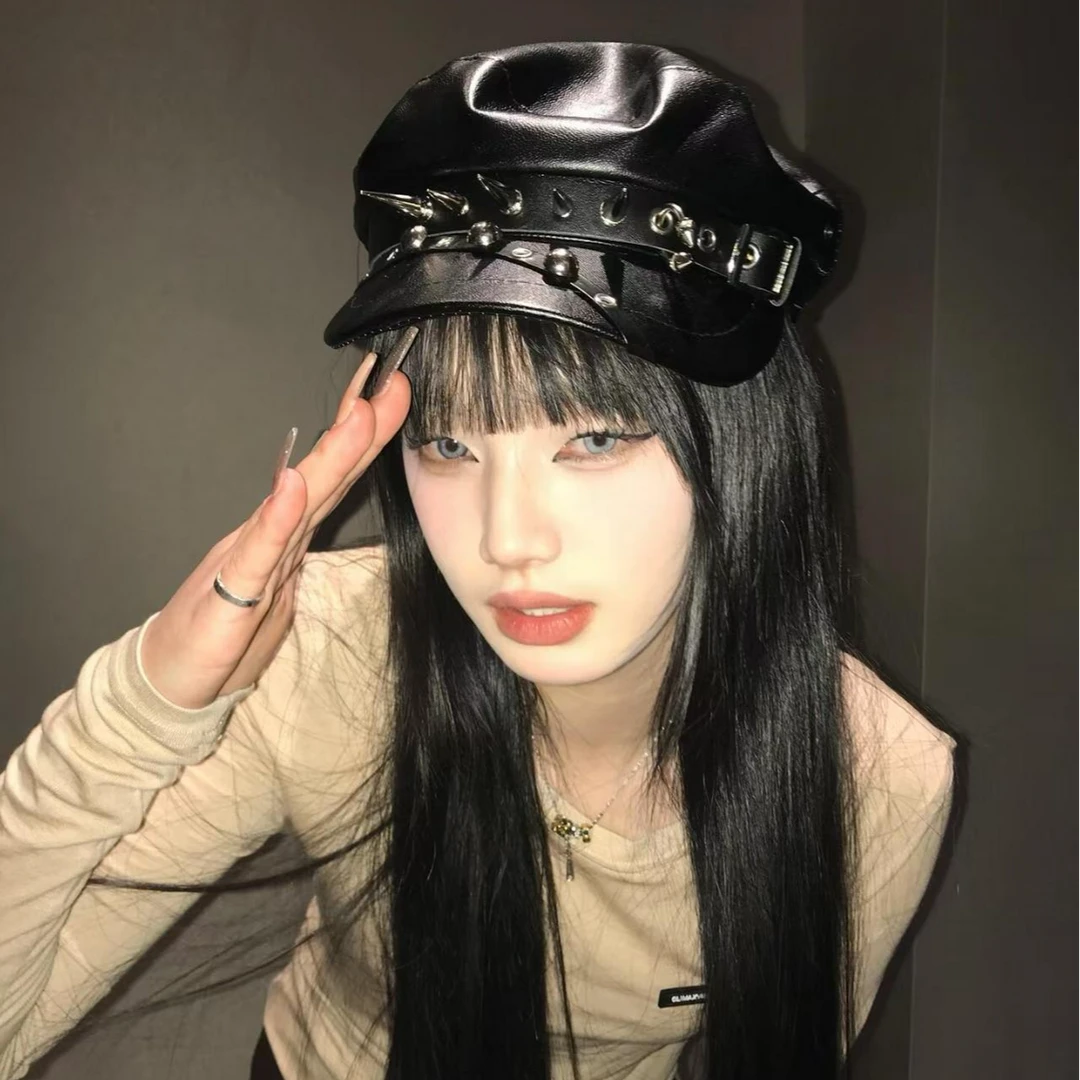 纯色秋冬短檐辣妹铆钉皮质亚文化显脸小报童贝雷八角帽大码鸭舌