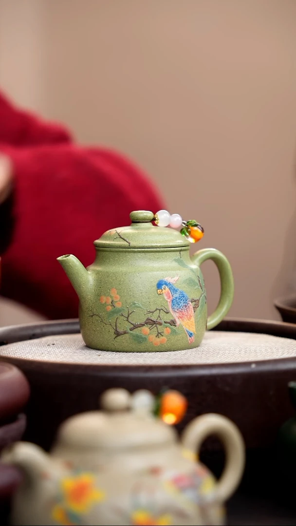【闪购商品】紫砂茶壶豆青砂德钟泥绘鹦鹉